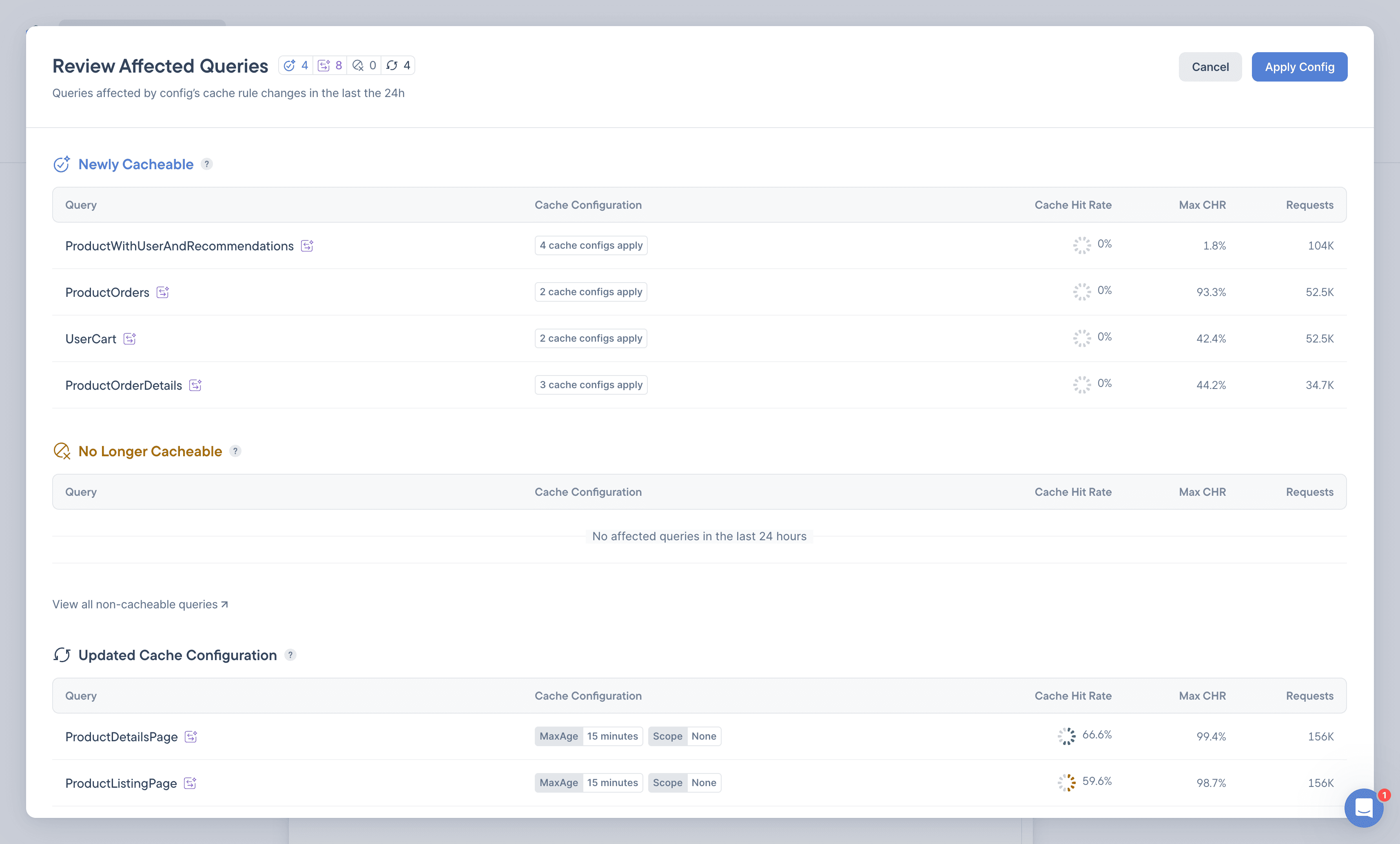 Review Cache Rules modal after enabling Partial Query Caching