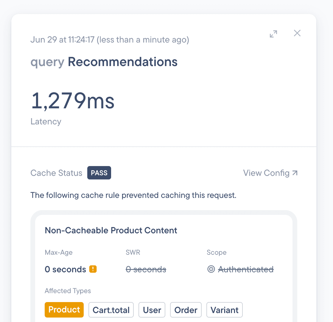 An image presenting request with cache status of "pass" due to cache rules