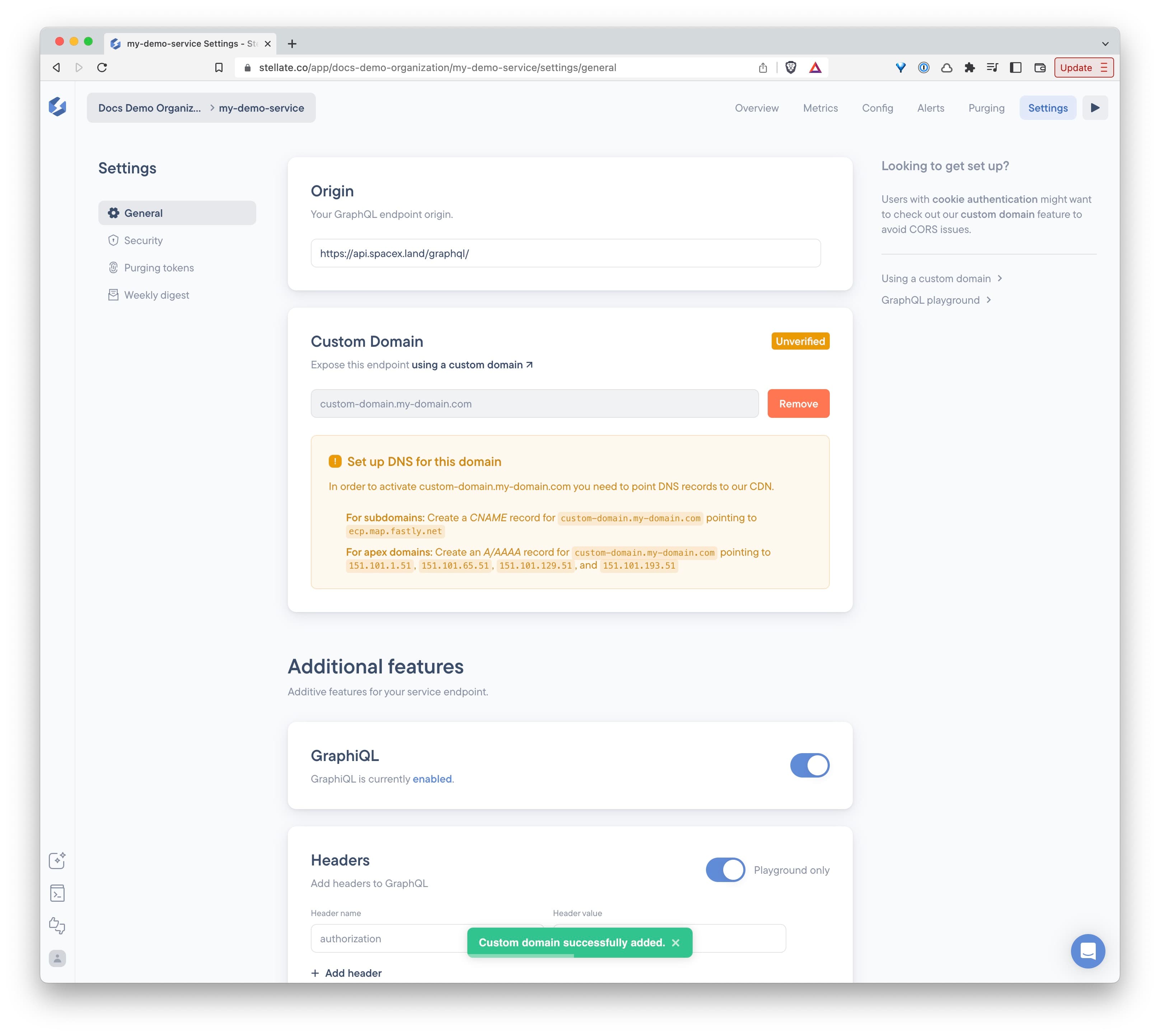 Adding a custom domain to the Stellate service